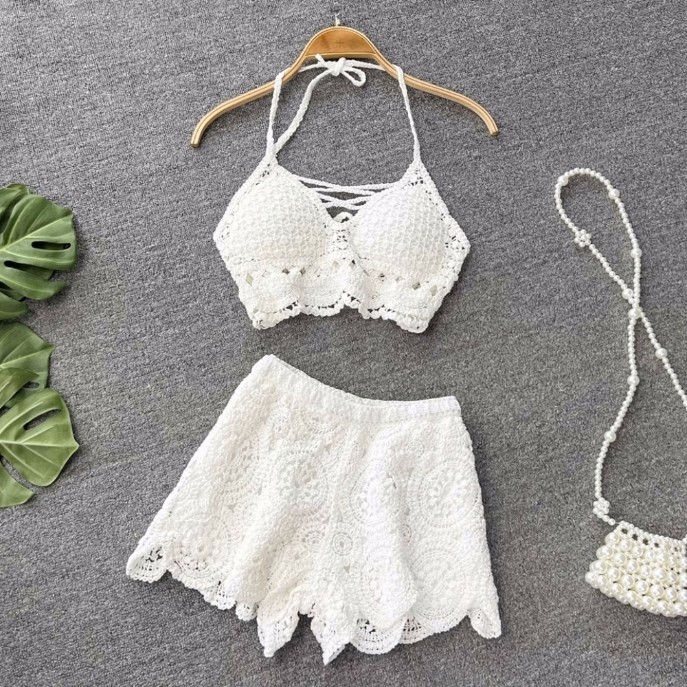 Knit Two Piece Sets Women Summer Vacation Backless Camisole Elastic Waist Shorts - Picture 2 of 7